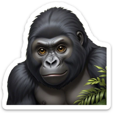 Cinematic Cute mountain Gorilla Portrait Emoji, Head tilted playfully and inquisitively, with a robust build accented by a striking black and grey mane and round, sparkling eyes full of gentle charm, Simplified yet irresistibly adorable features, highly detailed, glowing with a warm, friendly jungle glow, high shine, affectionate and lively, stylized with a touch of endearing primate whimsy, soft glowing outline, capturing the essence of a mischievous yet loving mountain that feels like it could lumber out of the screen into your arms! sticker