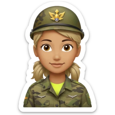 Apple emoji look — female soldier, no cap/helmet, bust, neutral smile, generic camo shirt, hair tied back, soft gradients, no weapon sticker