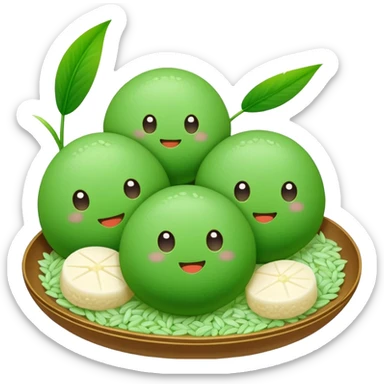 Qingming Festival green rice balls Qingtuan with sweet filling, simplified emoji style with bold outlines and bright colors, cartoon style green mochi-like dessert sticker