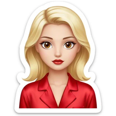 blonde model with brown eyes, luxury makeup, red silk pajamas sticker