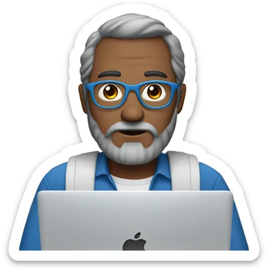 Brown hair. man. long grey beard. blue eyes. No eye brows. behind Apple Mac laptop sticker