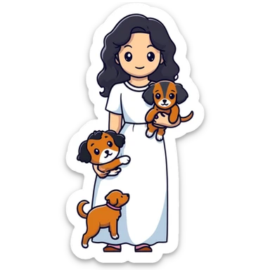A beautiful girl with long black hair in a white dress holds a small brown curly-haired dog sticker