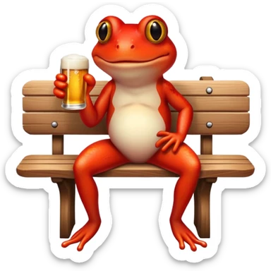 Red frog sitting on the bench and sipping a bottle of beer sticker