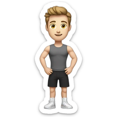 Full height Actively gesturing with hands Pale skinned Fit Man With the biceps and brown hair in dark gray Sleeveless Mike, black oversize sports shorts, watch and white Sneakers sticker