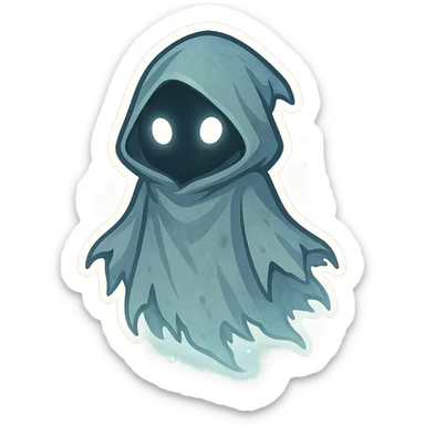 A ghostly, floating cloak with no visible face, only two glowing white eyes inside the hood. The cloak is semi-transparent, slightly tattered at the bottom, and emits a faint glow or mist. Mysterious and eerie vibe, chibi-style, cartoonish but spooky. sticker