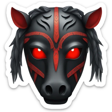 Black tribal mask of a horse with red eyes in front sticker