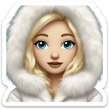 Beautiful Girl with lashes and blue eyes, blonde hair, in a extremely big fluffy oversized white fur coat with hood on. The fur is real and it’s very obvious big and fluffy  sticker