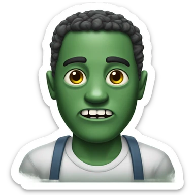 Zumbi com pele verde-acinzentada, olhos grandes e amarelados, boca aberta e ferimento exposto na bochecha esquerda. Cabelos loiros-ruivos e camisa neutra. sticker