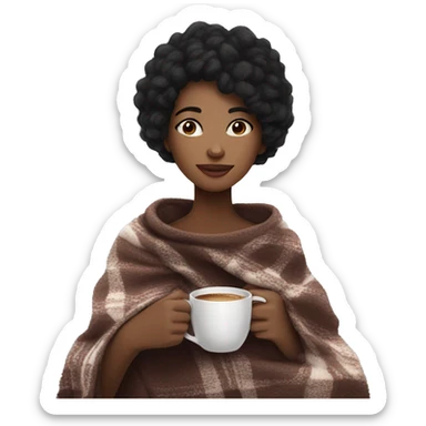 Black hair Girl drinking coffee, with a cozy blanket sticker