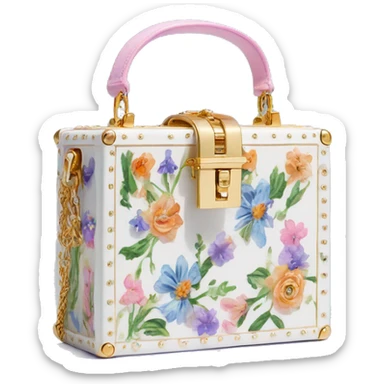 Dolce and Gabbana small white box bag with colourful lavender light blue light green orange pink summer print and golden detais 2023 sticker