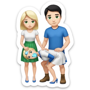 King, man, standing, black Hair, blue eyes, whole body, Woman, bending knees, blonde, green eyes, White Dress, sticker