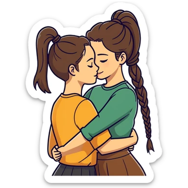 Comforting Hug two white skin women, one shorter woman with medium brown simple top ponytail, not braided, and one taller skinny sad face woman with a single long black side braid sticker