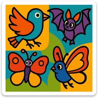 a group of animals with wings including a bird, a butterfly, and a bat in vibrant toon style sticker
