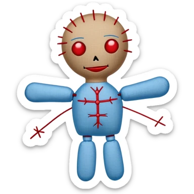 A voodoo doll made of fabric with Carolina blue (light blue) body and red stitches, with pins stuck in it sticker