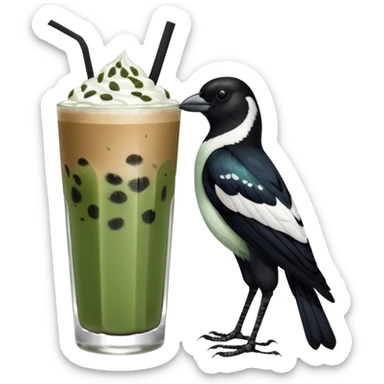  ONE Australien Magpie (just black and white feathers) sitting on an iced matcha latte on the edge of the glass. magpie has green matcha on its beak. matxha latte is in a see through glass and white from thr milk on the bottom and green without seeds on top… one straw & ice cubes sticker