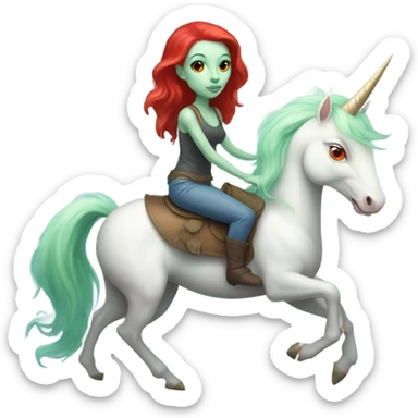 [politically incorrect
	{ woman: alien, color: light green, hair:red, eyes:cat} ]
	on a 
	[{ unicorn: white, legged:four, mane: light blue }] sticker