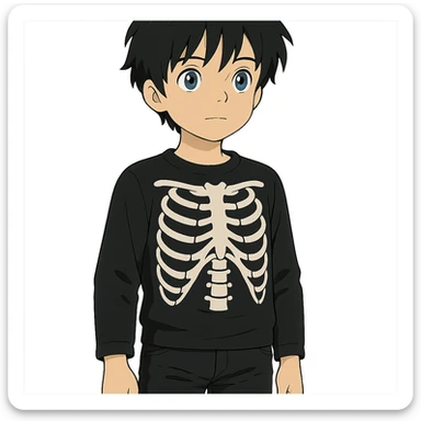 ghibli style black-haired, blue-eyed boy wearing a black skeleton top and ripped black jeans sticker