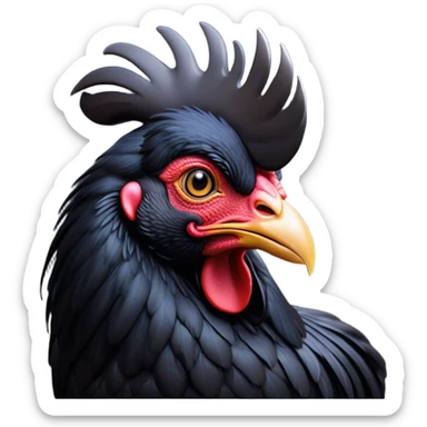 Cinematic Noble Black Rooster Portrait Emoji, Poised and regal, with a robust, commanding build and a sleek, well-groomed pure black plumage, deep-set soulful piercing eyes, Simplified yet sharp and sophisticated features, highly detailed, glowing with a soft, dignified glow, high shine, intelligent and proud, stylized with an air of mysterious majesty, focused and attentive, soft glowing outline, capturing the essence of a watchful and confident leader, so majestic it feels as though it could crow out of the screen with effortless authority! sticker