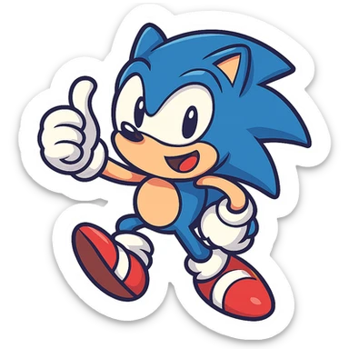 Sonic the Hedgehog, classic blue cartoon character, energetic pose, vibrant colors, emoji or icon style sticker