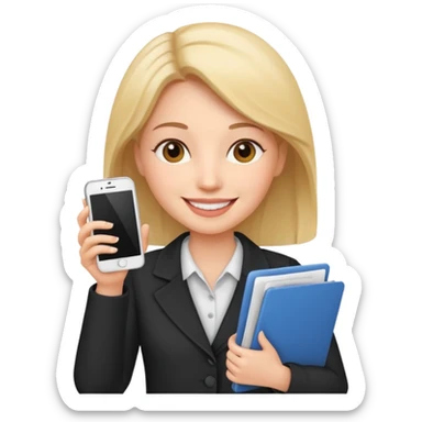 same woman but with phone and documents sticker