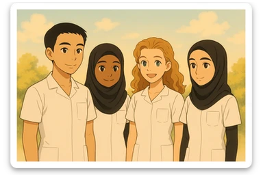 Transform the scene into Ghibli style: four nursing students standing side by side without touching, warm atmosphere, wearing short-sleeved white uniforms without undershirts or stethoscopes, soft and bright background, maintain the diversity of the group. sticker