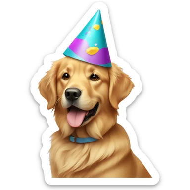 Golden retriever wearing a party hat sticker