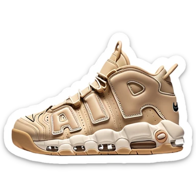 Simple clean pair of beige Nike Air More Uptempo sneakers arranged as a matching pair, minimal detailing but with distinct AIR lettering sticker
