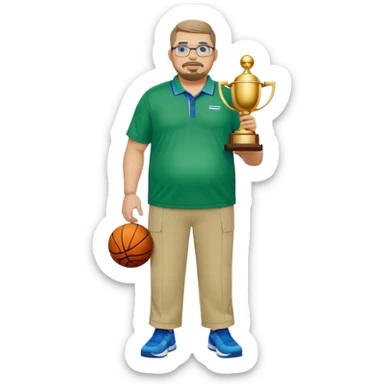 full body white obese male basketball coach with trophy. Goatee , Wearing glasses and blue and green nike polo shirt and khaki pants sticker