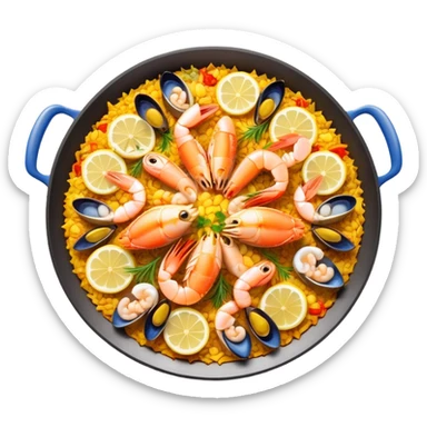 cinematic-realistic-paella-dish-emoji,-depicted-as-a-vibrant,-aromatic-rice-dish-loaded-with-seafood,-chicken,-and-saffron-rendered-with-rich-textures-and-dynamic,-warm-lighting with a lemon slice in the middle sticker