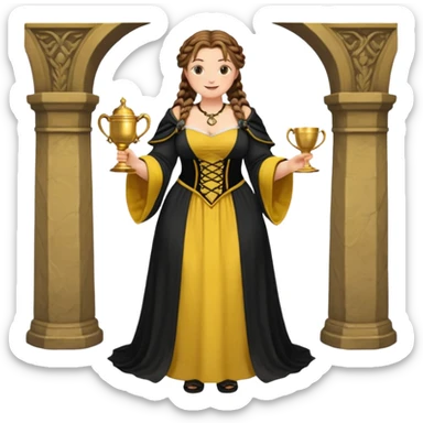 Helga Hufflepuff,brown-haired,2 braids,yellow-black medieval open dress,deep neckline,fat macromastia,black cloak decorated with gold braiding,gold cup with two handles,very kind smile,curvy busty sweet woman,round rosy cheeks,full length with medieval shoes sticker