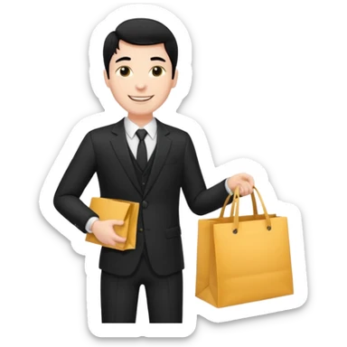 a white man black hair in a black suit with clothing shopping bag sticker