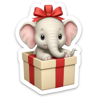 A white elephant popping out of a gift box sticker