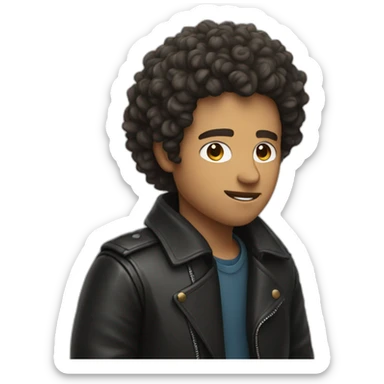 Man with curly hair listening to music with a leather jacket sticker