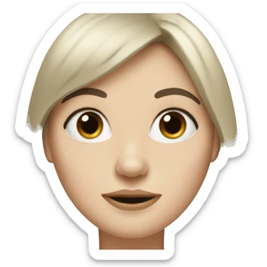 pale white woman with black hair and bangs with a little nose and brown e sticker