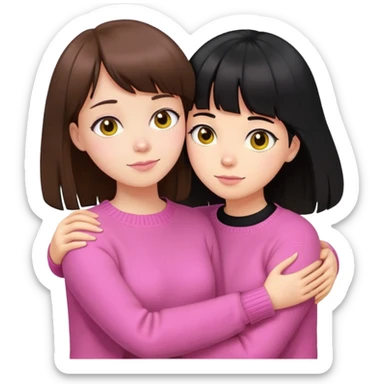 girl in pink sweater with brown hair and bangs hugs girl in yellow sweater with black hair sticker