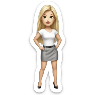 hyperrealistic caucasian long blonde brown eyes woman white top gray tight mini skirt black high heels sticker