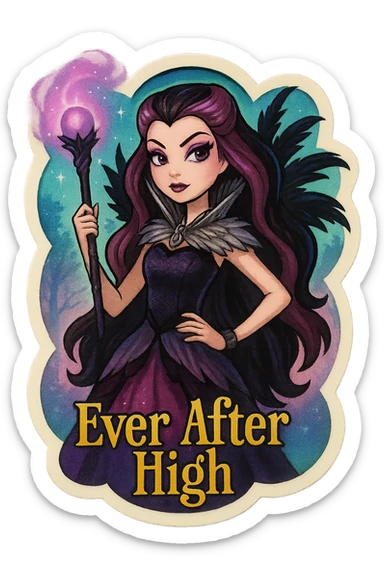 Ever After High sticker of Raven Queen, holding her magic scepter, dark feathers, confident pose, enchanted background sticker