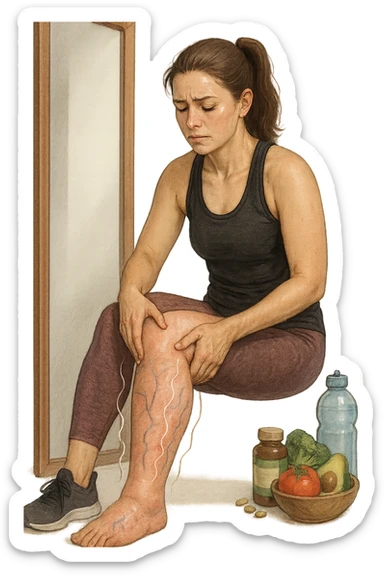 Donna tra i 25 e i 35 anni in abbigliamento sportivo, seduta o in piedi davanti allo specchio, mentre massaggia con forza le sue gambe gonfie, con espressione determinata ma affaticata. Intorno alle gambe si vedono simboli visivi di gonfiore e ritenzione (gambe leggermente arrossate, vene visibili, contorni delle gambe evidenziati da linee simboliche). Sullo sfondo: integratori naturali, alimenti sani e una bottiglia d’acqua, come strumenti di supporto. Atmosfera di lotta personale, luce neutra ma con accenti di speranza. Stile realistico e educativo sticker