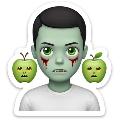 zombie boy with black buzz cut hair and white t shirt, apple style emoji sticker
