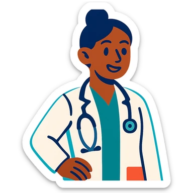 female doctor, modern medical attire, stethoscope, friendly expression, vibrant toon style sticker