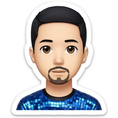 Mike Shinoda with black hair with blue highlight, black sequin shirt, brown eyes sticker