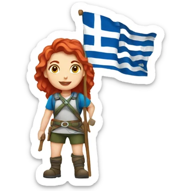 a red hair female mountaineer summitting with greek flag sticker