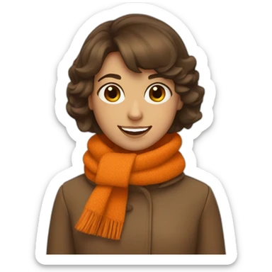 girl with a bob haircut, brown hair, orange scarf and coat, smiling sticker