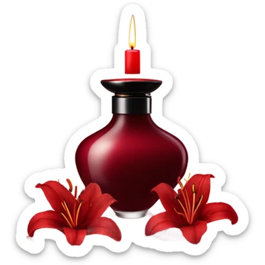 Dark red luxury perfume bottle with red lilies and a dark red candle sticker