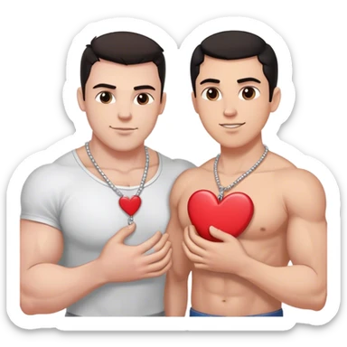 One large white muscular man with dark hair and one smaller white thin man each holding pieces of a heart shaped necklace that says best friends forever  sticker