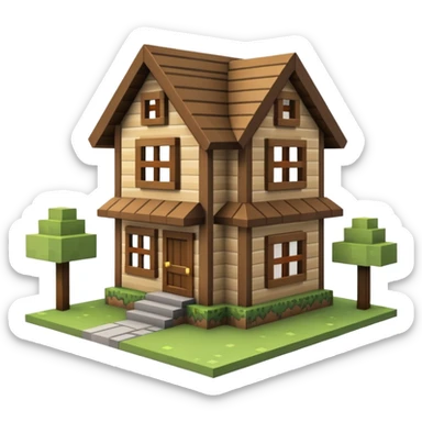 una casa de minecraft de madera y dos plantas, creala pegada al suelo sticker