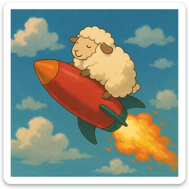 sheep flying on a rocket, ghibli cartoon style sticker