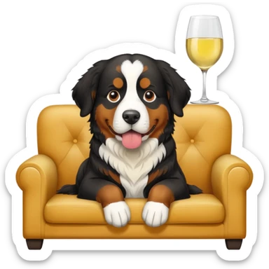 Bernese mountain dog  with one half face white sitting on couch with white wine  sticker