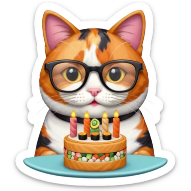 cat with cool square glasses eating a birthday cake made out of sushi sticker