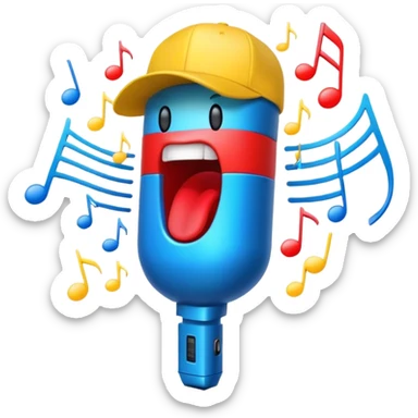 Create a dynamic and energetic emoji that represents beatboxing. The design should feature a microphone with a singing mouth and soundwaves or rhythmic beats emanating from it, symbolizing the vocal percussion and rhythm of beatboxing. Add a cap placed on top of the microphone to reflect street culture and the individuality of the performer. Include musical notes floating around to emphasize the musicality. Use bold, vibrant colors like neon blue, red, and yellow to convey energy and excitement. The background should be transparent. sticker